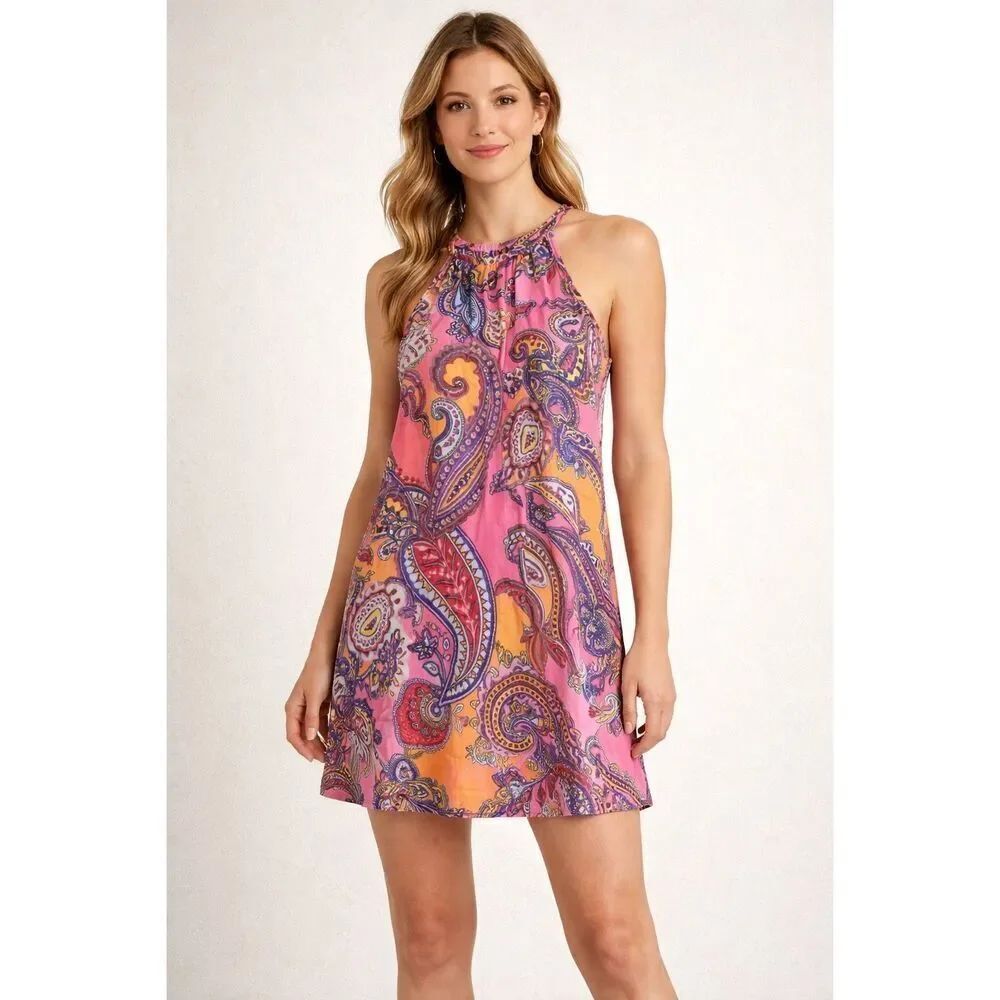 Old Navy Boho Paisley Halter Dress Small Pink Orange Summer Festival